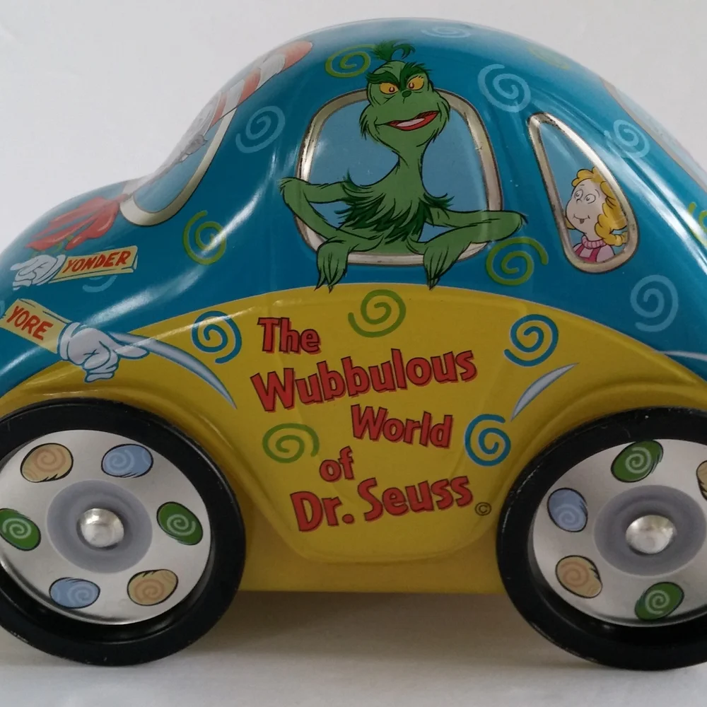 Vintage Dr. Seuss Themed Blue and Yellow Tin Toy Car